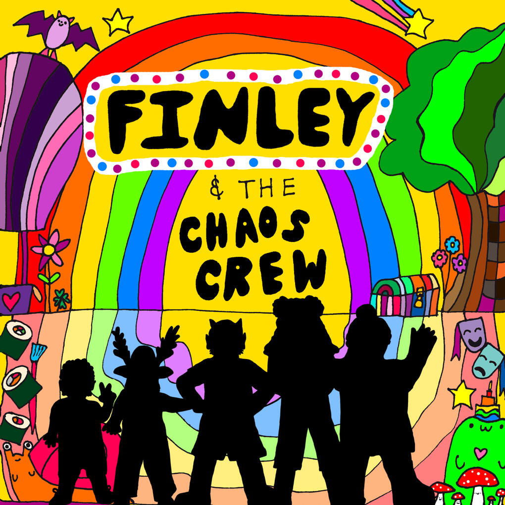 [IMAGE ID: A colorful square hand-drawn illustration that reads "Finley & the Chaos Crew". The background features a rainbow in